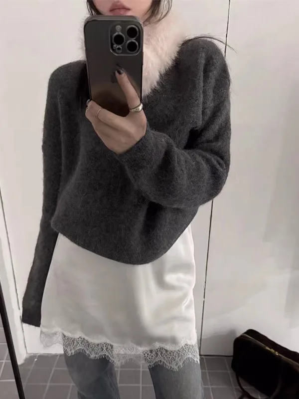 Korean Sle Soft Plu Rabbit Fur Red Sweater Women's Autumn Winter New Warmth Lazy Ne Warmer Top for Teen Girls