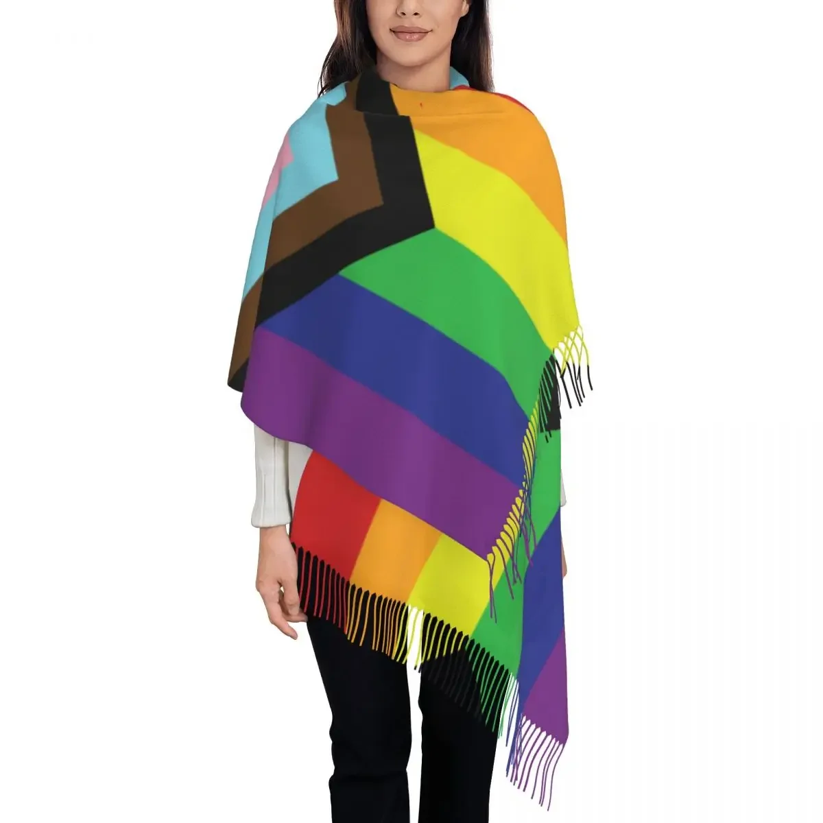 Custom Gay Pride Rainbow Flag LGBTQ Tassel Scarf Women Soft LGBT Lesbian Bisexual Shawls Wraps Lady Winter Scarves