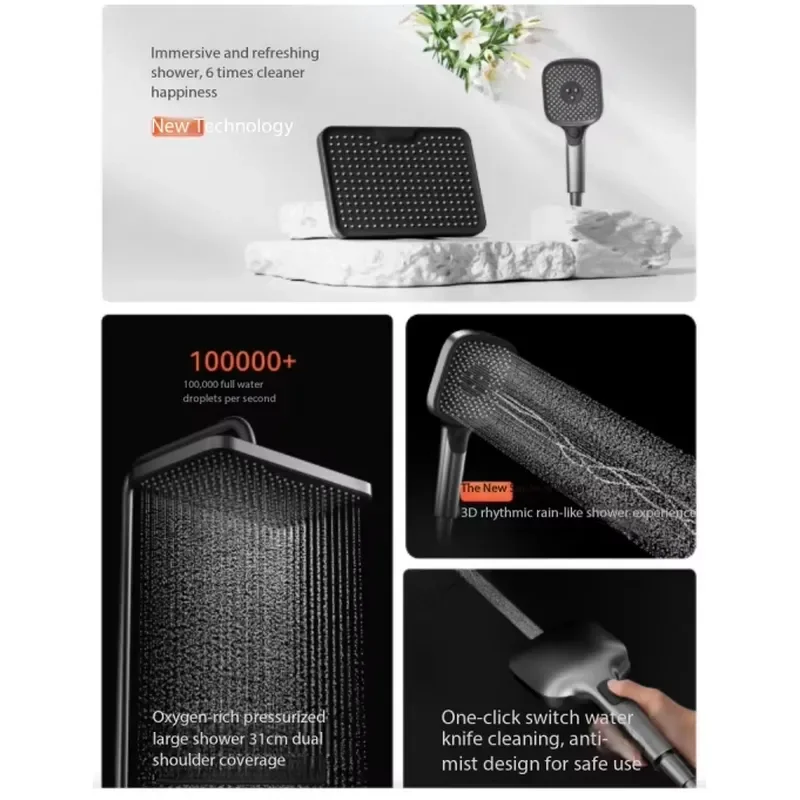 Grey Ceramic Rectangle Piano Texture Wall Mount 3-Function Thermostatic Shower Head Slide Bar Polished Brass Rain Soft