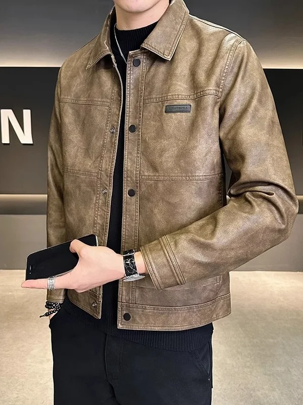 

American Sle Men's Leather Jaet Trendy Outerwear Autumn 2025 New Retro High-End Feel Motorcycle Biker Jaet Top