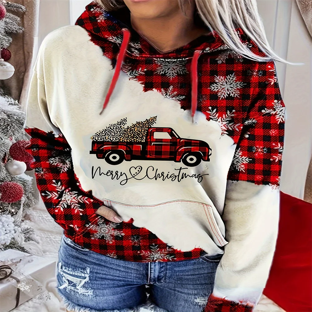 Women's Hoodie Checkered Car&Tree Printed Drawstring Hoodie Casual Long Sleeve Hoodie Suitable For Daily Dating And Work