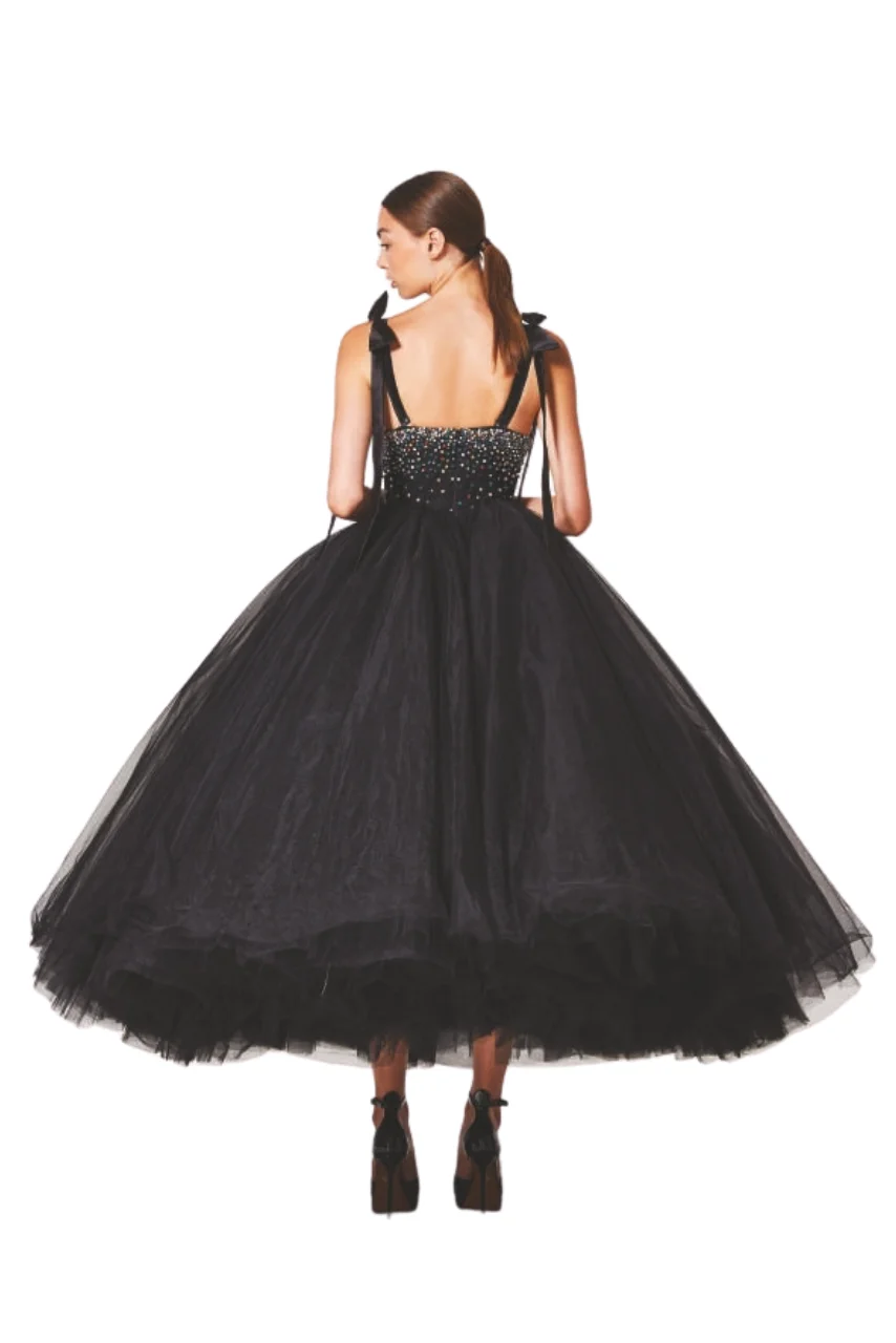 Stunning Black Crystal Beaded Women Formal Dresses Big Volume Tutu Tulle Bridal Dress Ankle Length Party Dress