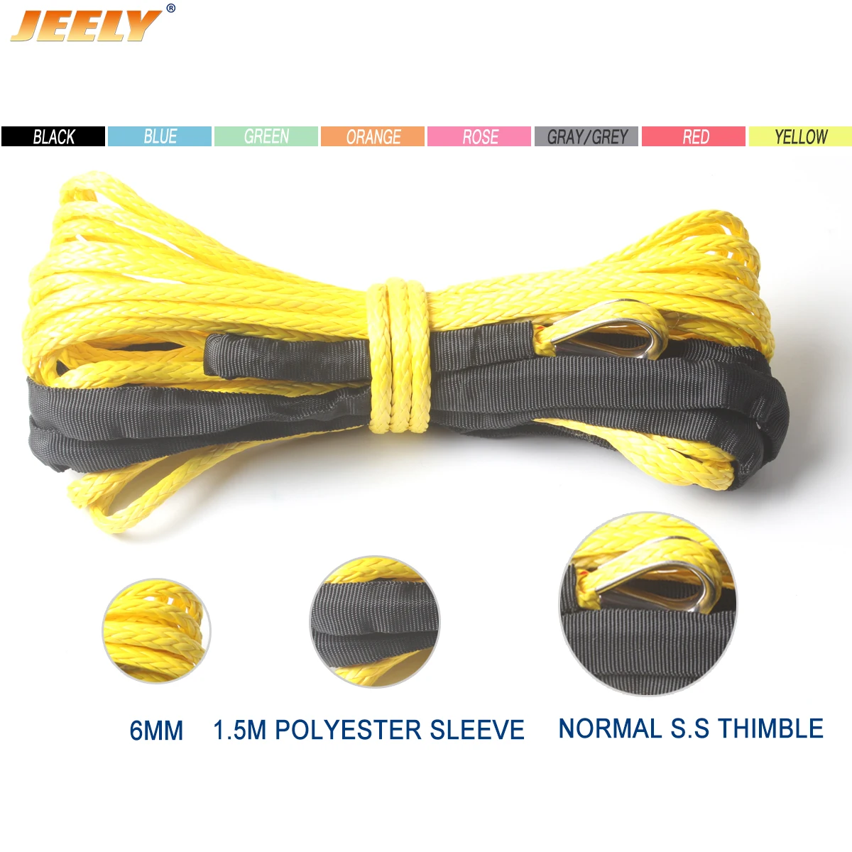 High Quality 6mm*15m Synthetic Winch Rope UHMWPE Rope Towing Cable Car Accessories For 4X4/ATV/UTV/4WD/OFF-ROAD