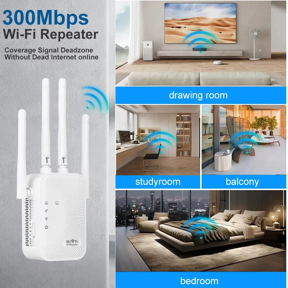300Mbps WIFI Repeater Remote 2.4G Repeater Network 4 Antennas Expander Amplifier Wireless WiFi Signal Booster For Home Office