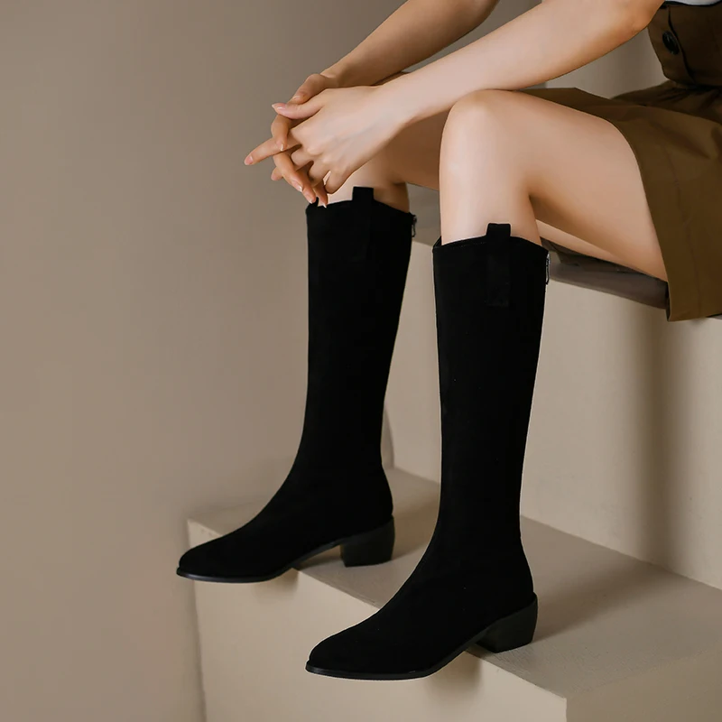 2027 Autumn Microfiber Women Boots Pointed Toe Chunky Heel Women Shoes Winter Knee-high Boots Modern Western Boots Ladies Shoes