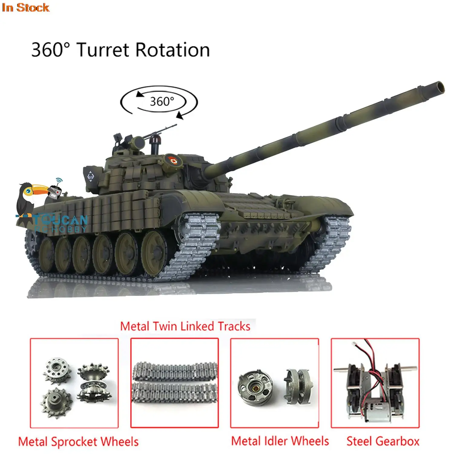 1:16 Scale Upgraded Ver Heng Long T72 Military RC Tank 7.0 Remote Control Battle Tracked Vehicle Turret 360° Rotation TH20570