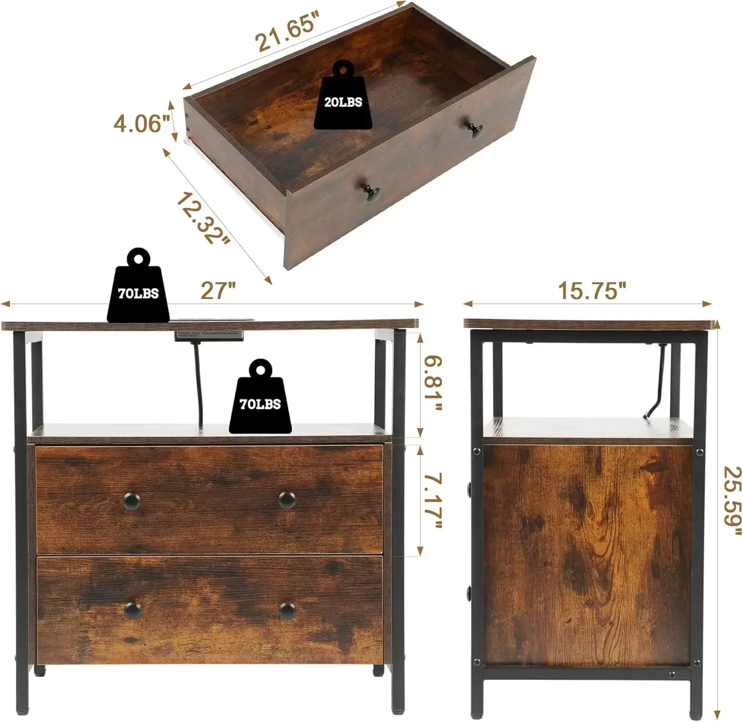 [Hot Deal, Best Seller!]27 inch Wide Nightstand with Charging Station, Bedside Table with Open Shelf, 2 Drawers Small Wood Dress