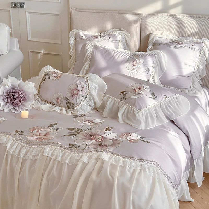 

Flowers Embroidery Bedding Set Luxury Purple Egyptian Cotton Chiffon Lace Princess Quilt/Duvet Cover Bed Sheet Pillowcases