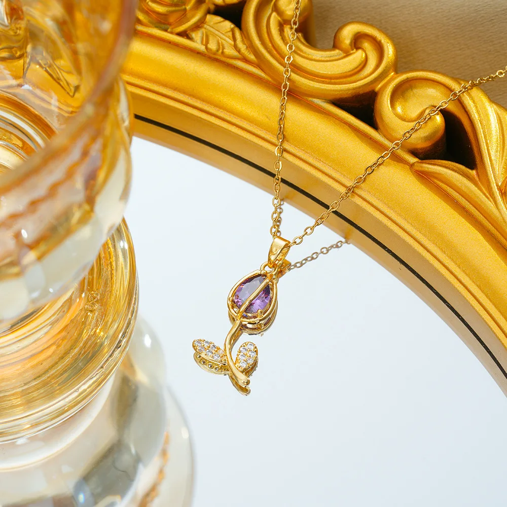 Colorful Zircon Tulip Flower Pendant Necklaces for Women Girls Stainless Steel Chain Trendy Romantic Jewelry Accessories Gifts
