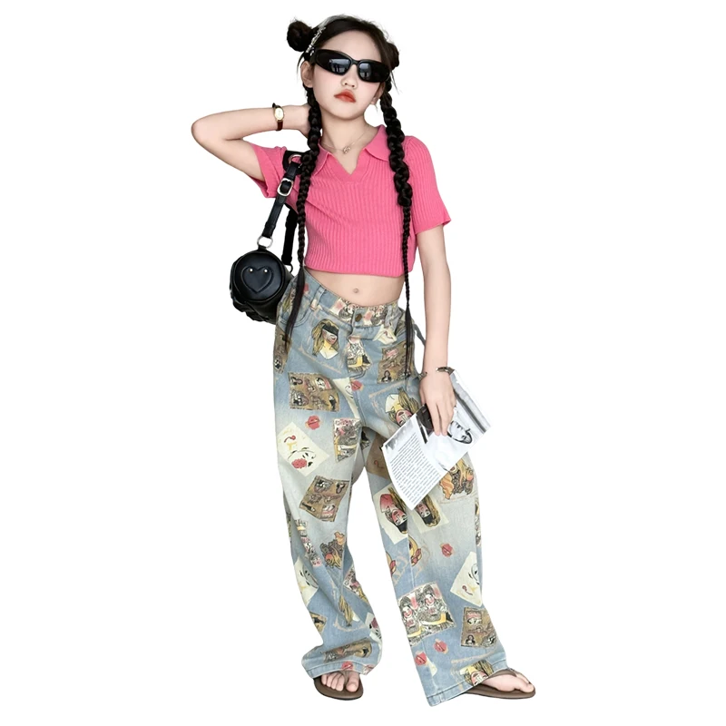 10 12 14 junior girls clothes set hot pink Ice Silk Tops+Cartoon printed wide leg jeans 2pcs teenager kids suit children outfits