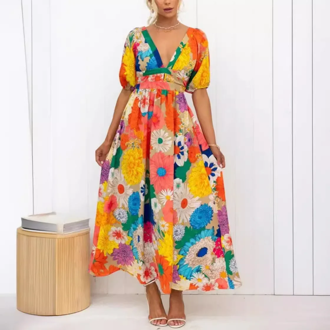 

Women Summer Dress French V Neck Print Elegant Vacation Short Puff Sleeves Lady Casual New Pullover Big Swing Long Cloth