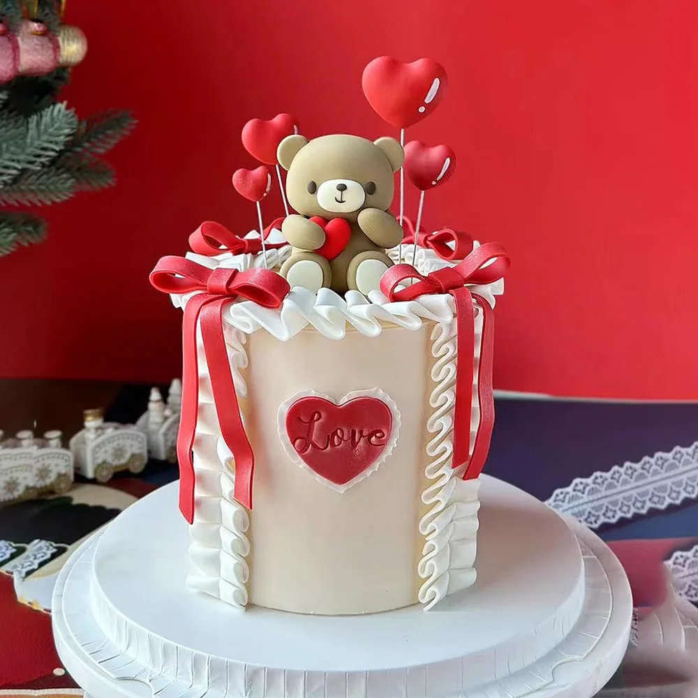 Bear Cake Toppers Valentine’s Day Red Hearts Bear for Boy Girl Baby Shower Decorations Cute Mini Teddy Birthday Party Supplies