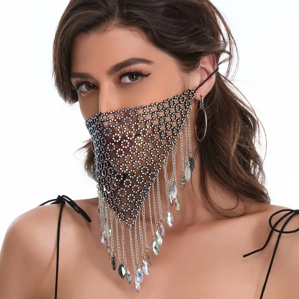 

Reusable Fishing Net Rhinestone Mask Bling Tassel Face Cover Shining Hollow Masquerade Mask Women