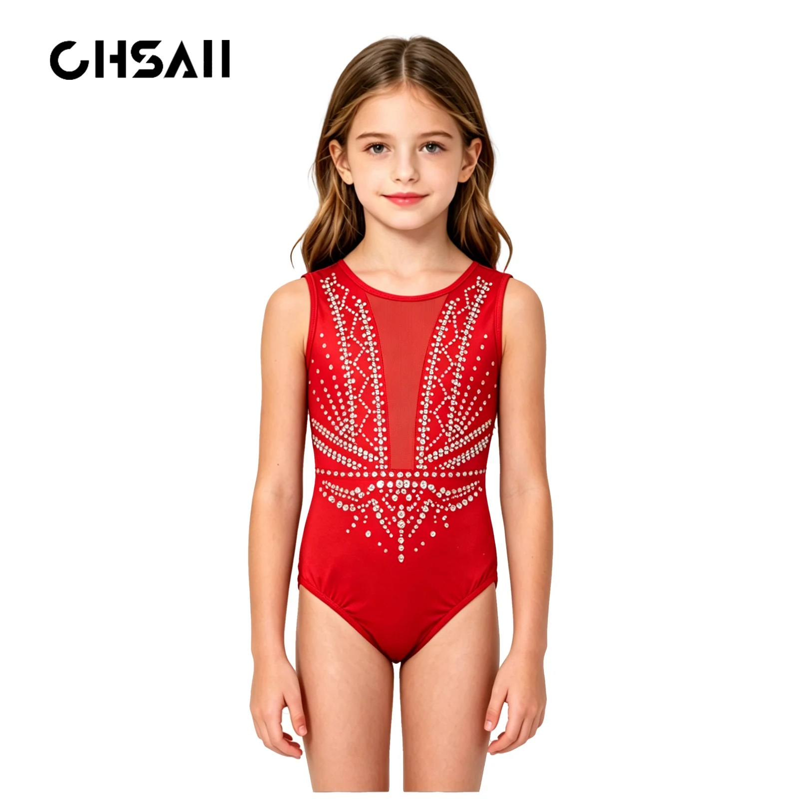 Maillot de Gimnasia Rojo sin Mangas para Niñas con Pedrería y Panel de Malla Transparente, Traje para Danza, Ballet, Competencia, Entrenamiento y Actuación