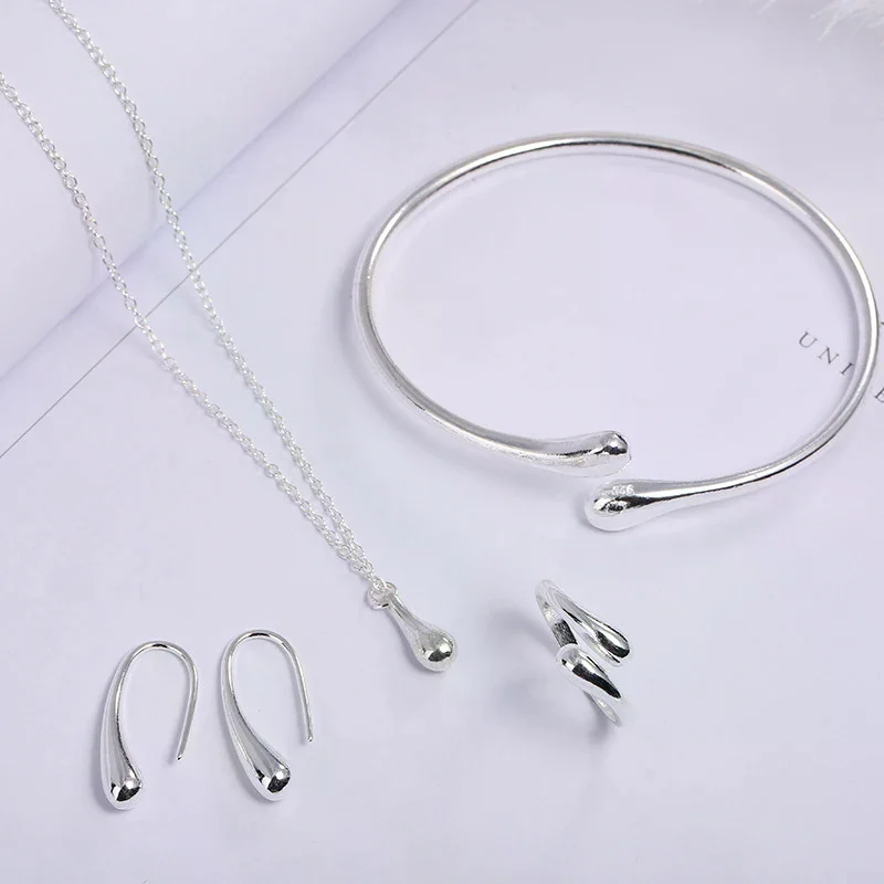 4Pcs Fashion Teardrop Jewelry Set For Women Simple Ring Necklace Bracelet Earrings Set For Banquet Wedding Jewelry