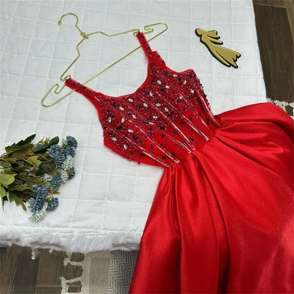 Funyue-vestidos De graduación rojos personalizados, vestidos largos De satén con cuentas De cristal para ocasiones formales, vestidos De fiesta De noche acampanados, batas De Soirée