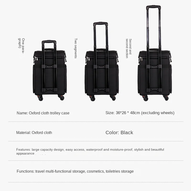 Professionele Make-Up Koffer Borduurwerk Nail Wimpers Trolley Bagage Gereedschapskist Pu Grote Capaciteit Trekstang Cosmetische Case