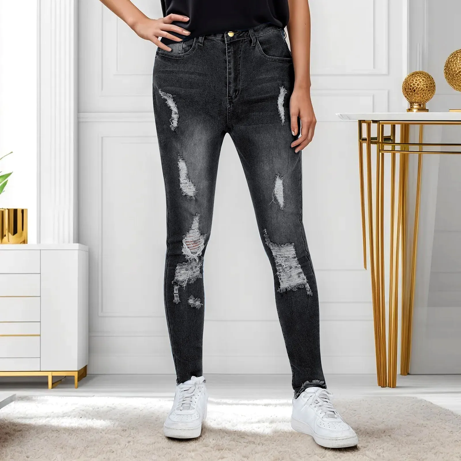 

Stretchy Women's Distressed High Waist Jeans Pants Slimming Destroyed Jeans Butt Lifting Jean Ripped Denim Plus Size Pants Butt