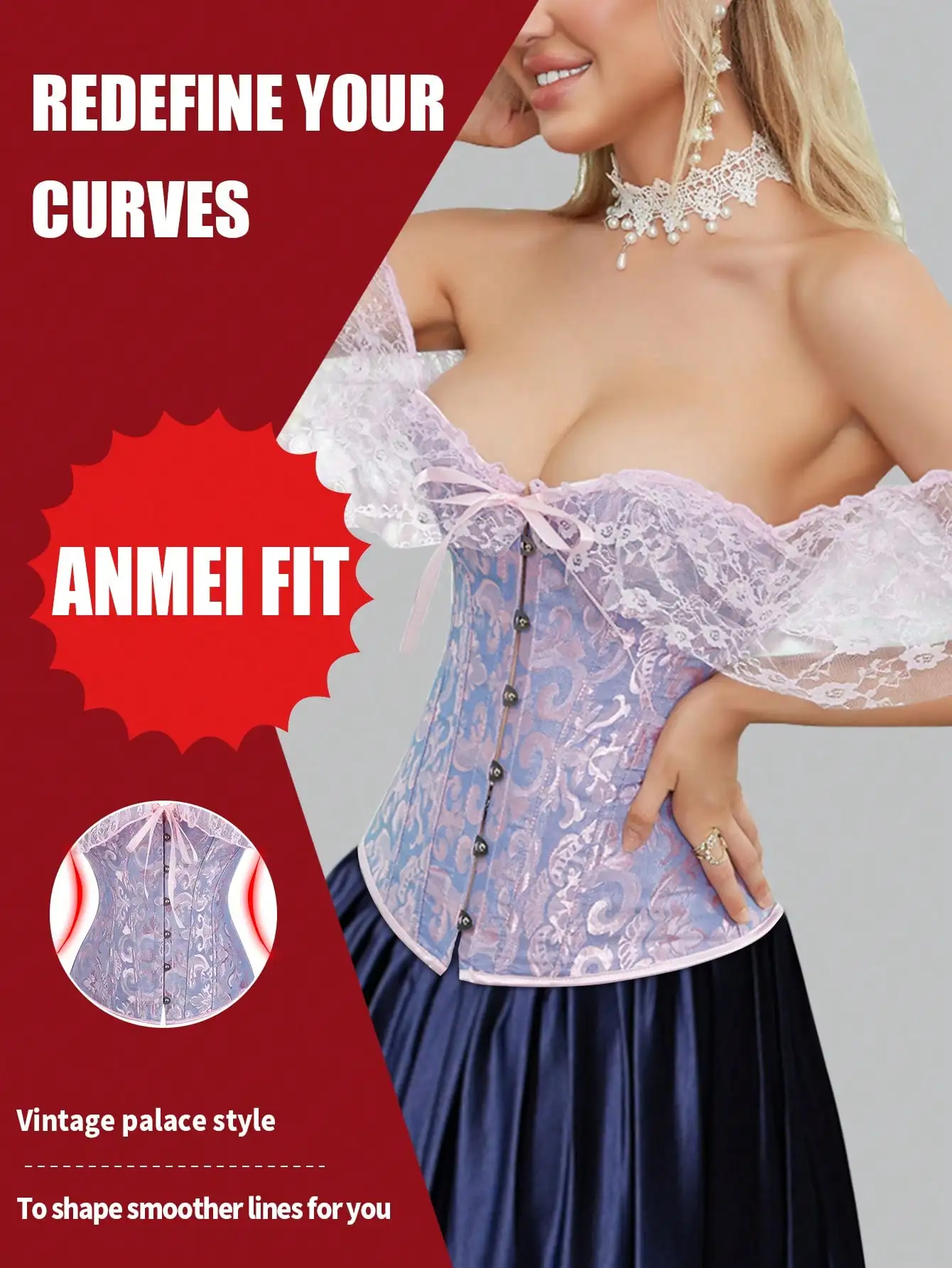 

Women Lace Sleeve Corset Top Lace Up Boned Satin Overbust Corset Off Shoulder Bustier Lingerie Costume Tops