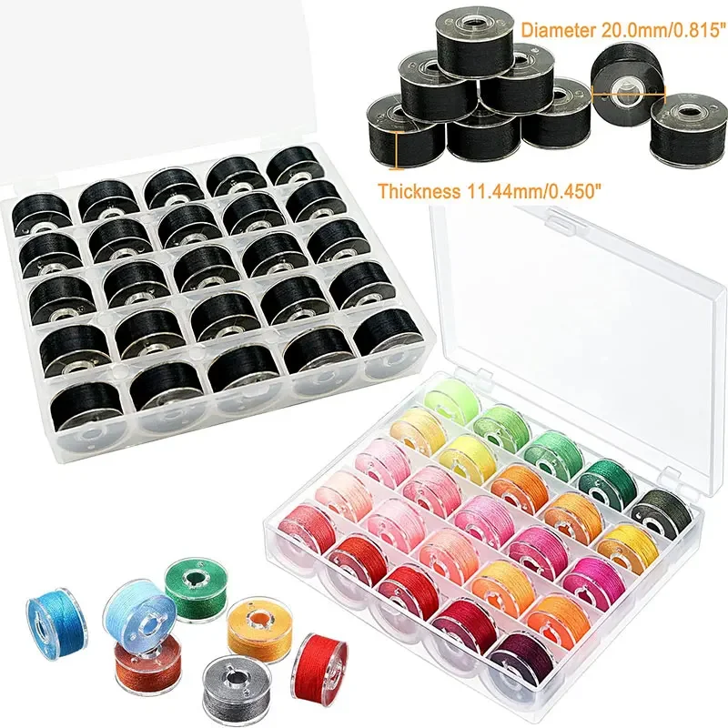 25Colors Sewing Thread with Bobbins Box Prewound Bobbin Thread Plastic for DIY Embroidery Sew Machine Sewing Threads 70D/2(60WT)