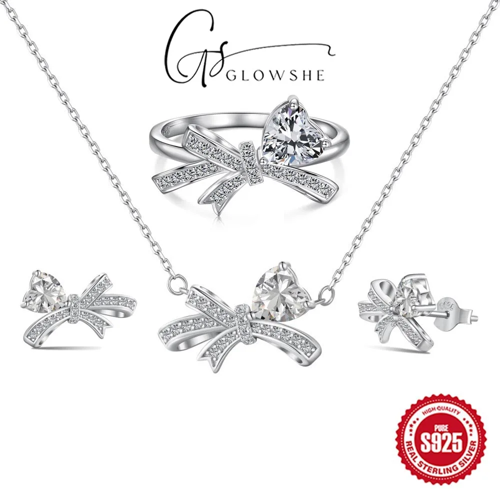 

Glowshe 925 Sterling Silver 5A Zircon Bowknot Ring Necklace Earrings 3PCS 2025 New Design Wedding Banquet Luxury Jewelry Set