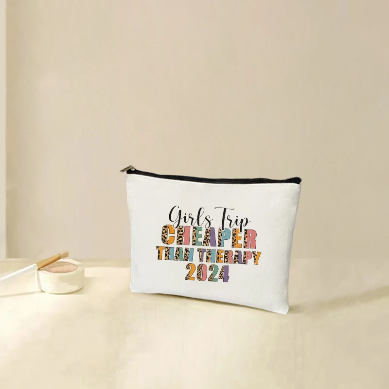 Girls Trip Cheaper Than Therapy 2024 Pattern Cosmetic Case Women Canvas Purse Funny Girls Weekend Gift Women Travel Lipstick Bag