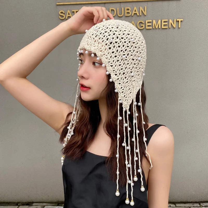 2024 Handmade hat women's pearl fringe ethnic wind hook knitted hat vintage hollow bowhead hat