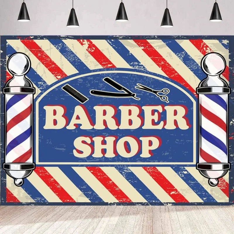 Barber Shop Photography Backdrop Blue Red Stripes Hair Dressing Tools Background Wall Poster Banner Tea Party Decoration