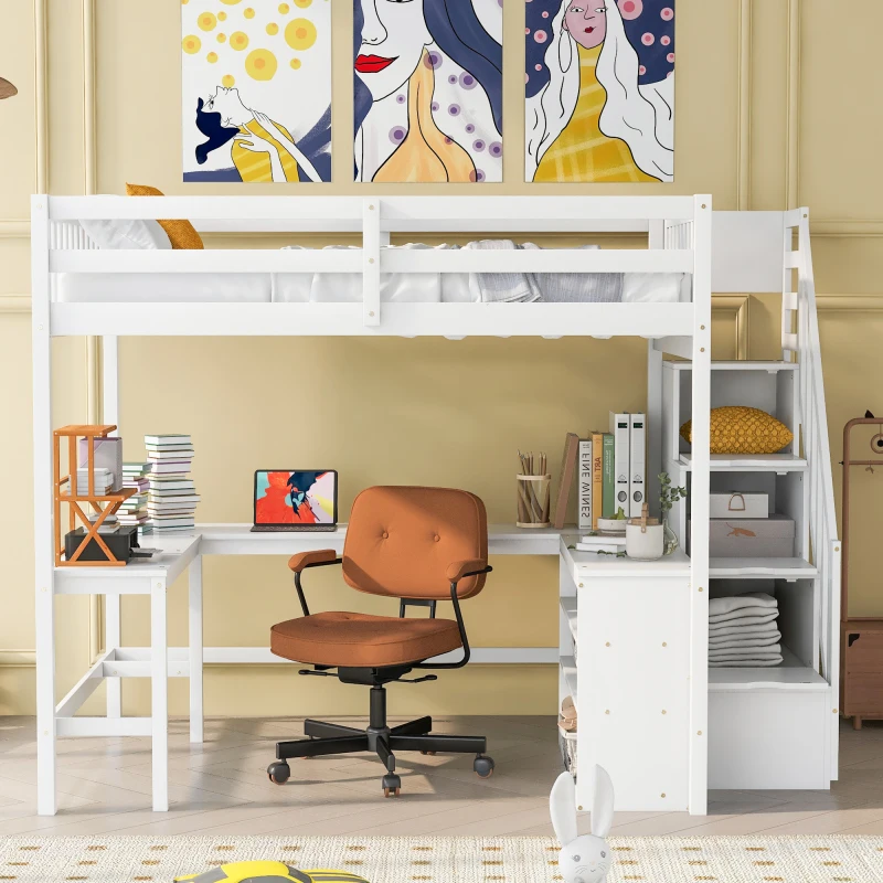 Full Size Loft Bed with Built-in L-Shaped Desk and Three-Tier Storage Shelves,and Attached Storage Staircase, White