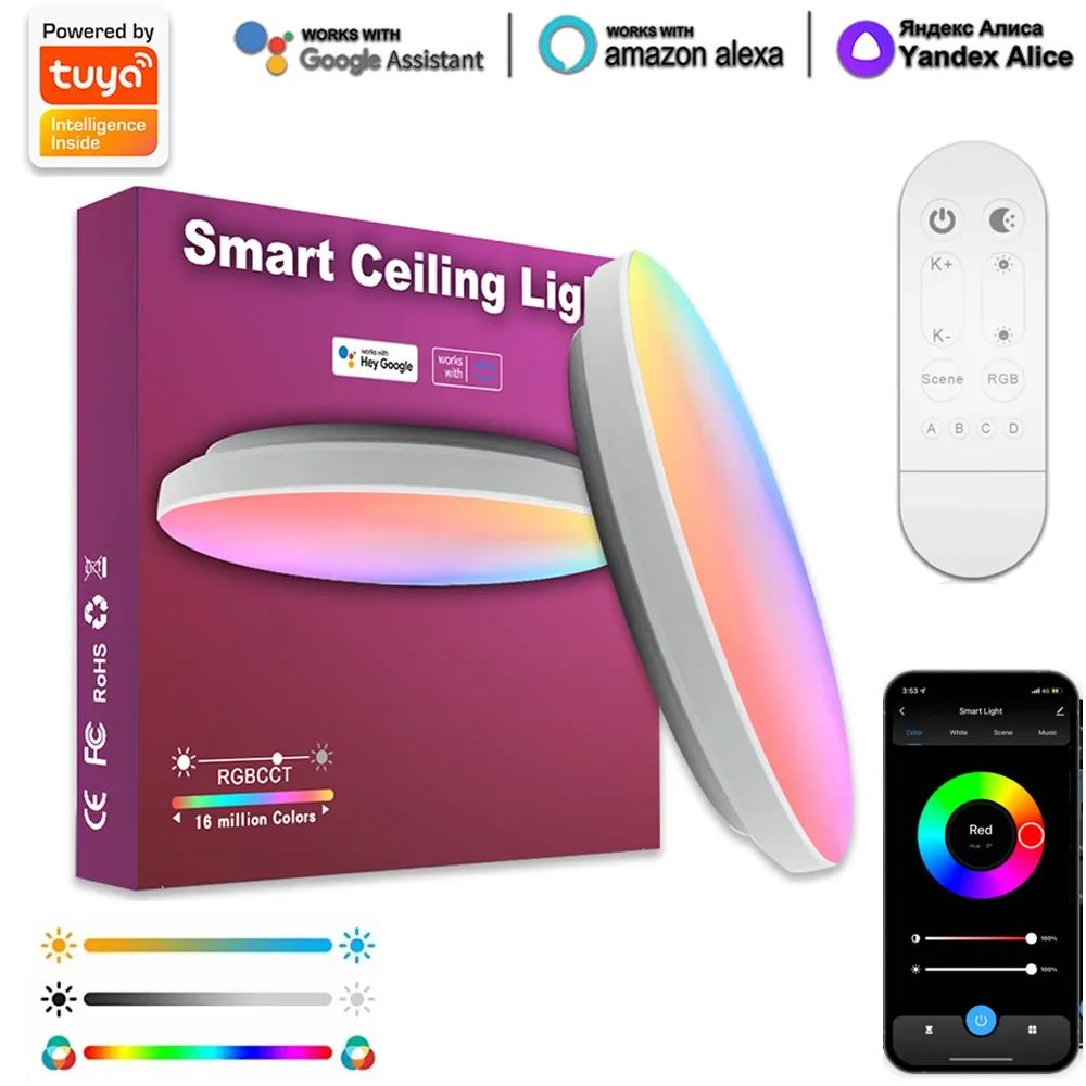 Tuya Wifi 24W RGBCW LED Ceiling Lamp RGBCCT Ceiling Lighting 2.4G Remote Control Smart Voice APP For Alexa Living Room Bedroom