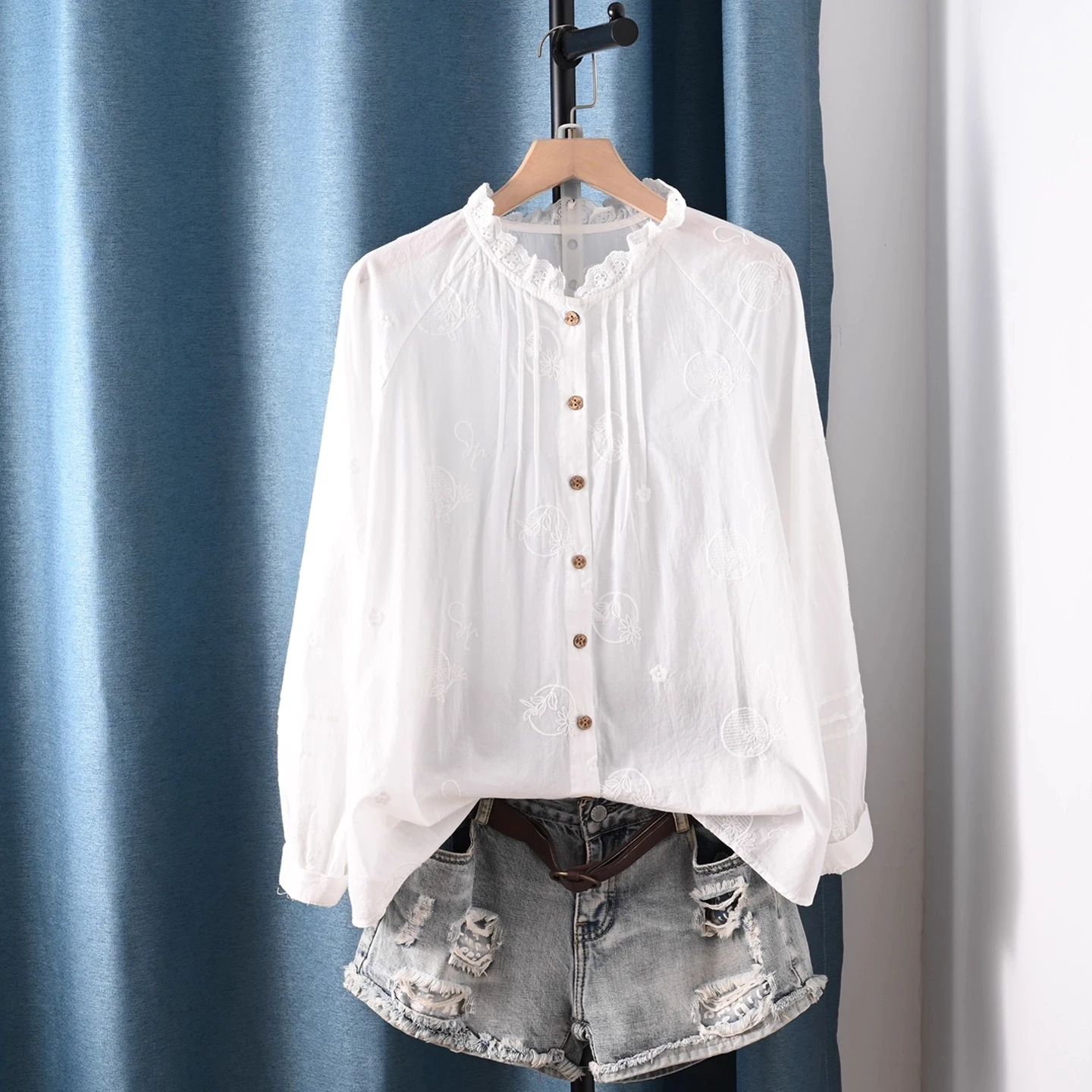 

Autumn women clothing ethnic 100% cotton embroidered white shirts for women Spain style vintage long sleeve tops