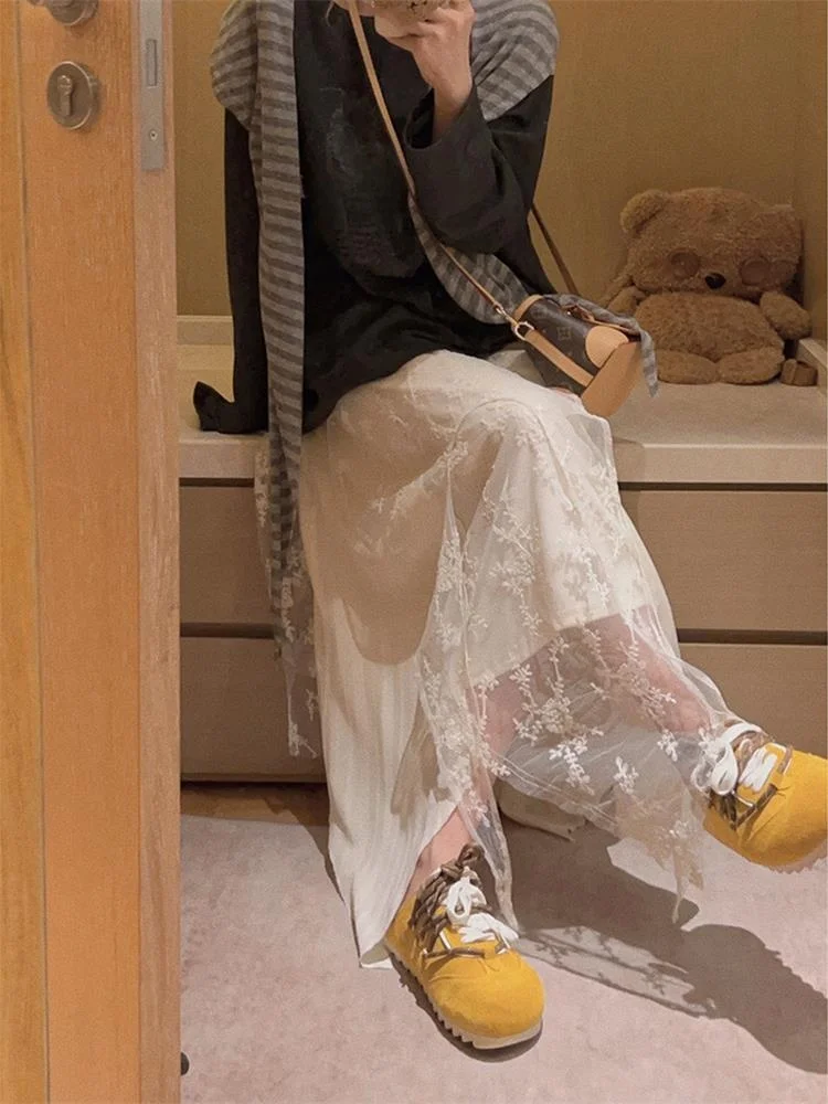 

Асимметричная юбка трапециевидной формы с высокой талией, женская кружевная лоскутная юбка-миди, повседневная корейская юбка для поездок на работу, прямая трубка pe