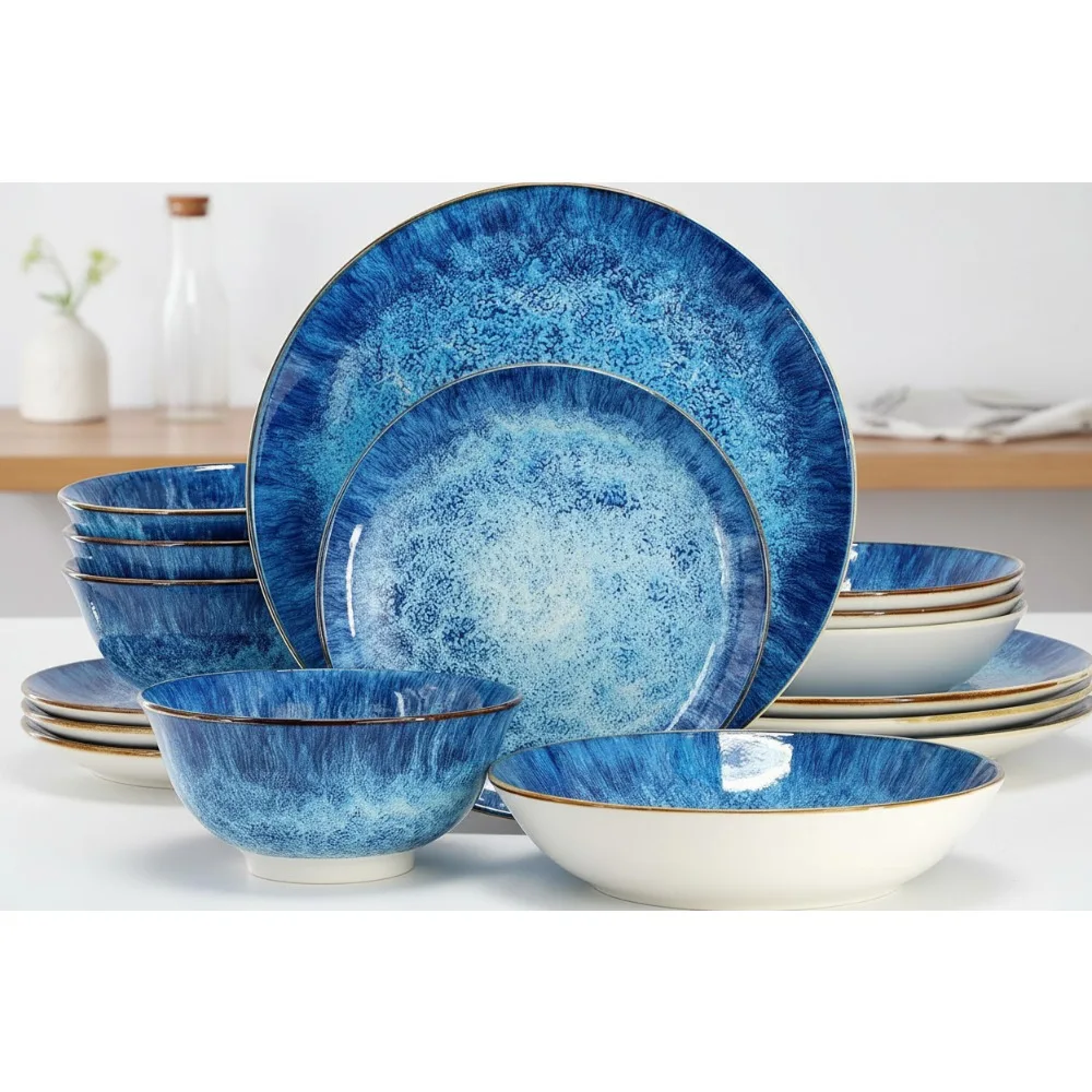 

16-Piece Blue Porcelain Dinnerware Set for 4, Microwave & Dishwasher Safe, Elegant Coastal Design