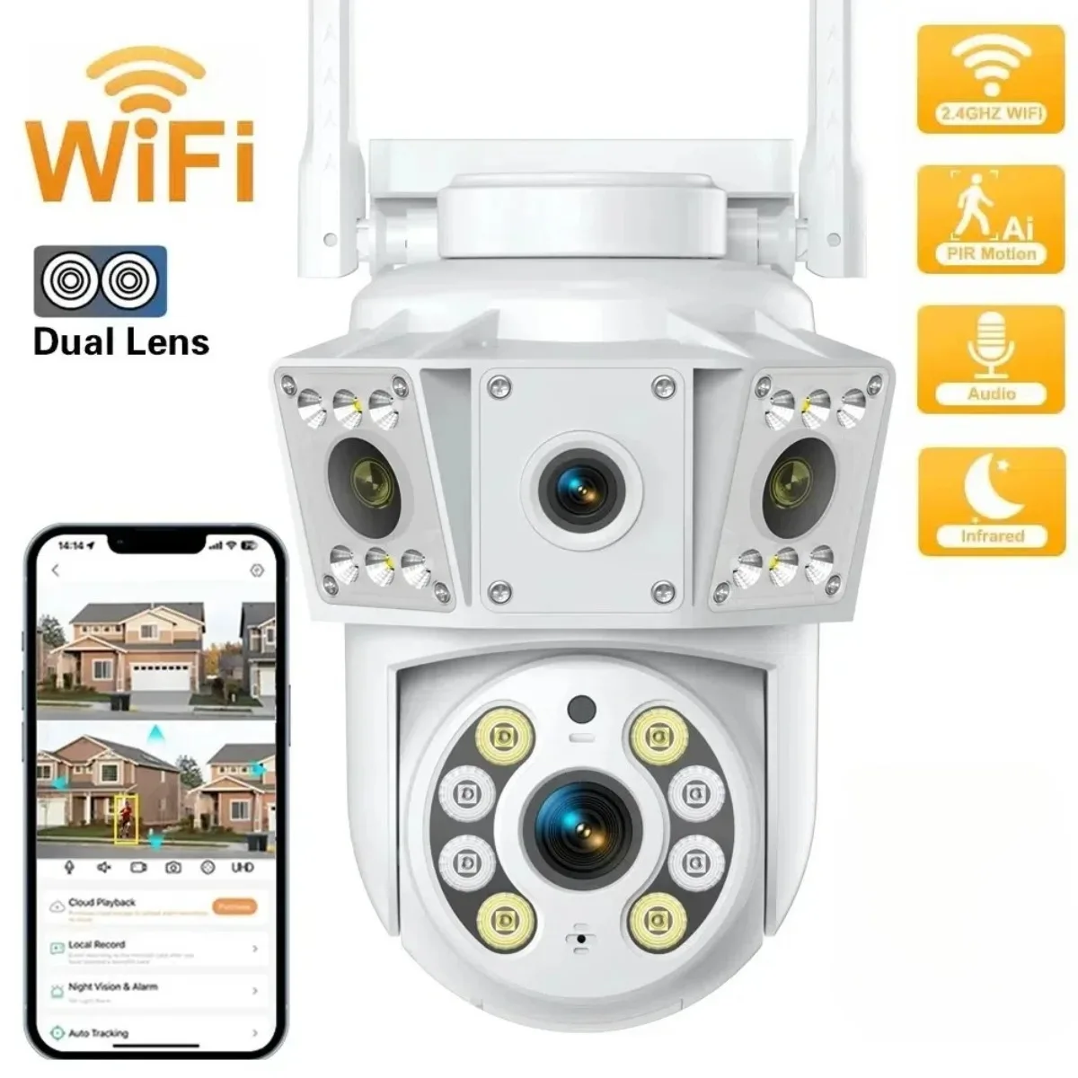 

Wi-Fi камера PTZ Открытый двойной экран Обнаружение человека Двойные линзы 10MP Защита безопасности IP-камера Аудио O-Kam Pro