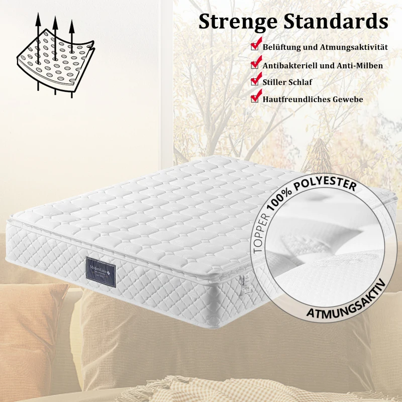 Matelas Orthopédique à ressorts ensachés 7 zones 140 x 200 cm, épaisseur 25 cm, mousse froide respirante, anti-acariens, housse en polyester double jersey, certifié Oeko-Tex, fermeté H3, soutien ergonomique.