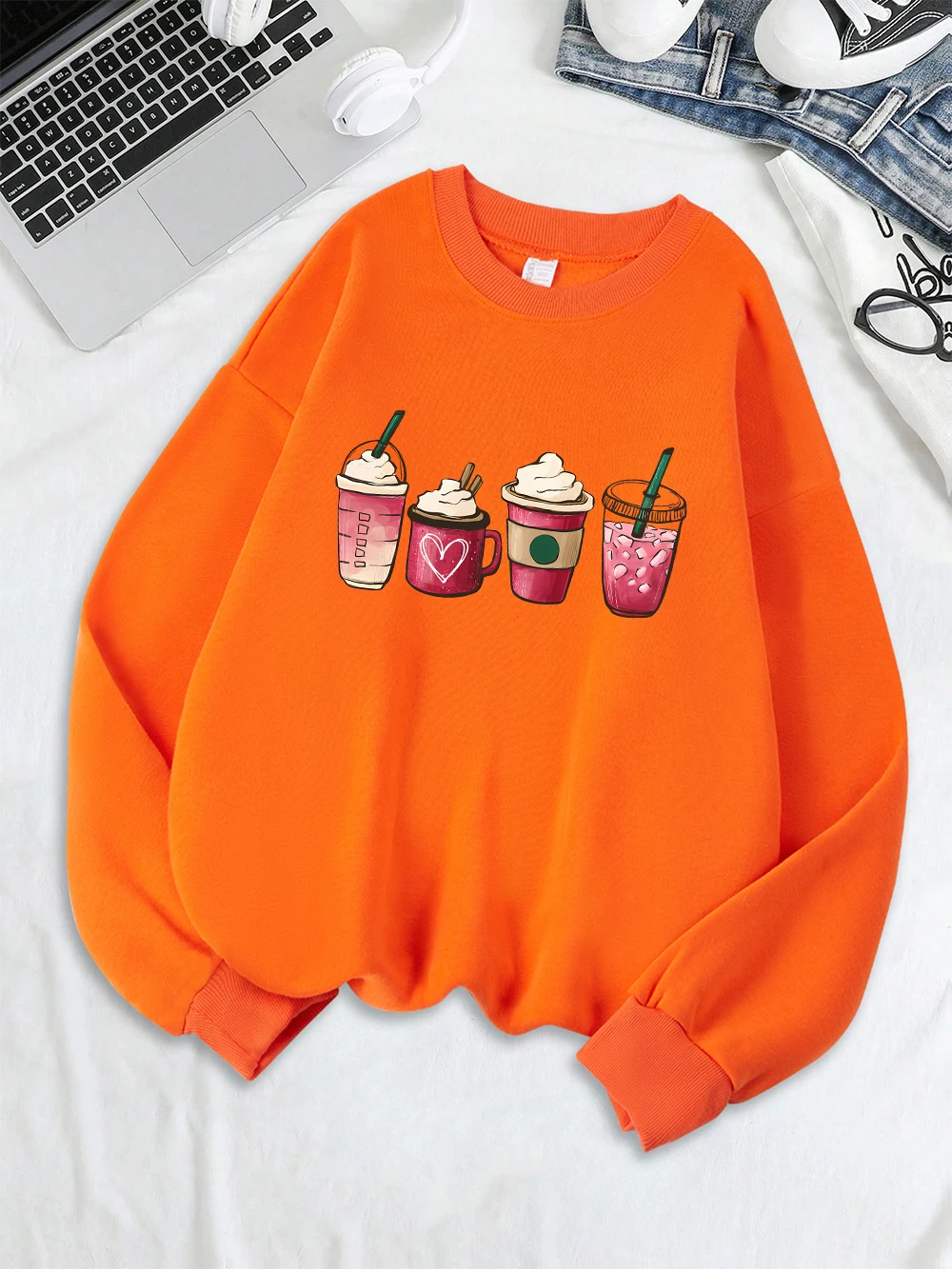 Stampa di bevande al gelato Felpe Girocollo da donna Nozioni di base Felpe con cappuccio in pile Abiti larghi caldi Inverno Comodo streetwear da donna