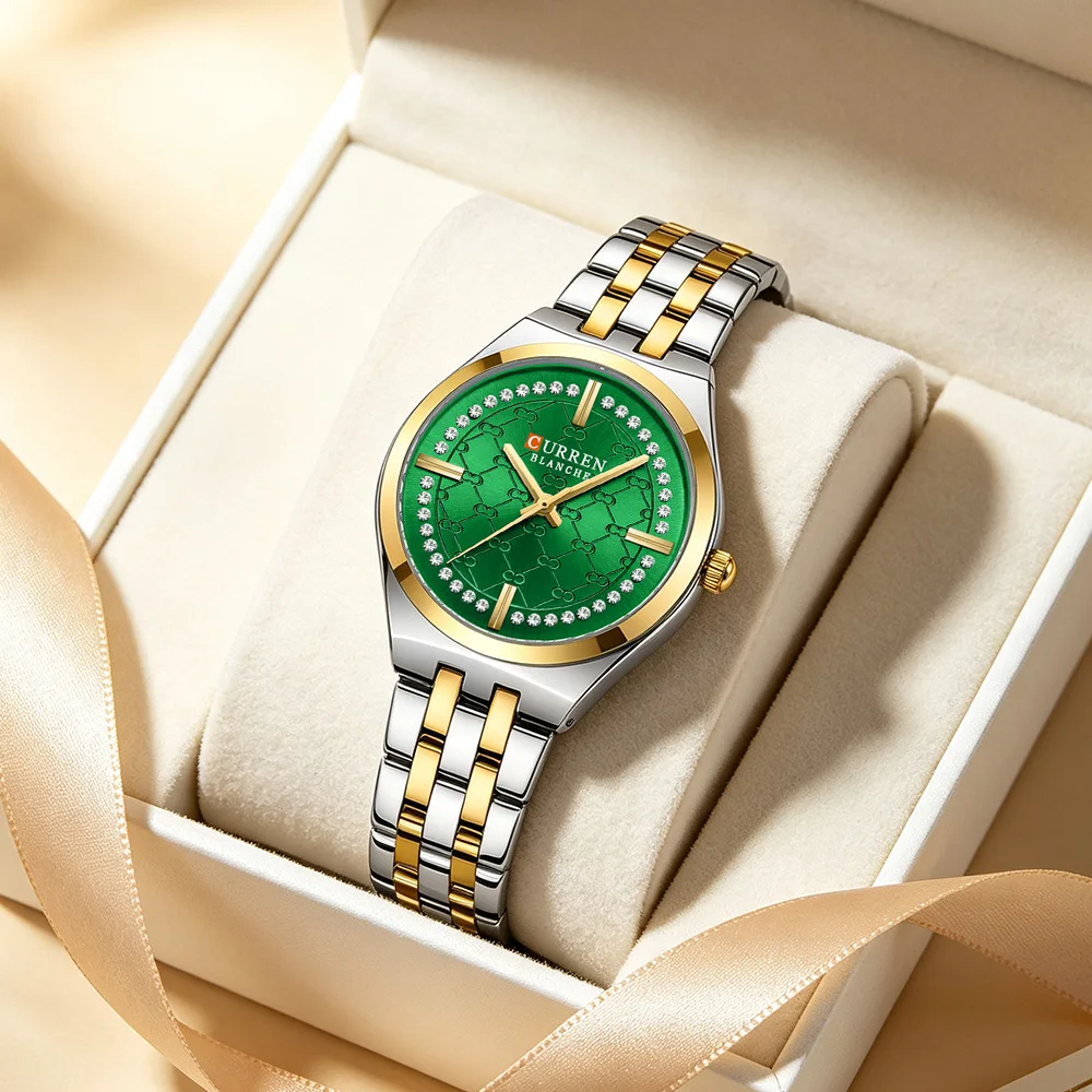 CURREN 9096 Women Watch Luxury Elegant Quartz Wristwatch with 32mm Dial Rhinestone Stainless Steel Band Ladies Gift Reloj Mujer