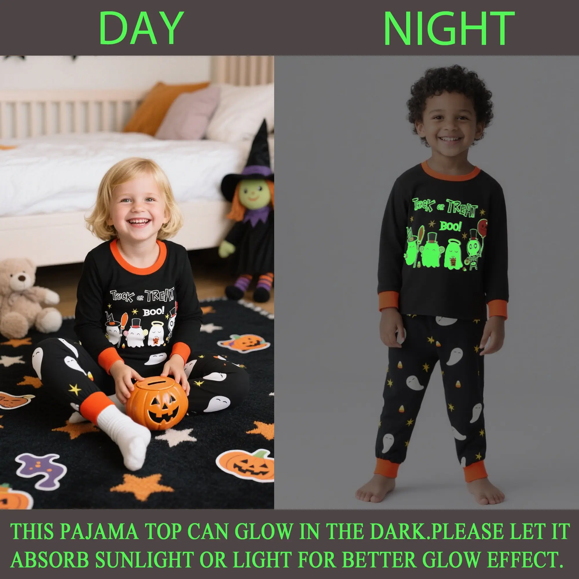 Little Hand Toddler Kids Halloween Pajamas Boys Girls Glow in Dark Long Sleeve Cotton Sleepwear for Sizes 2-7t Holiday Costumes