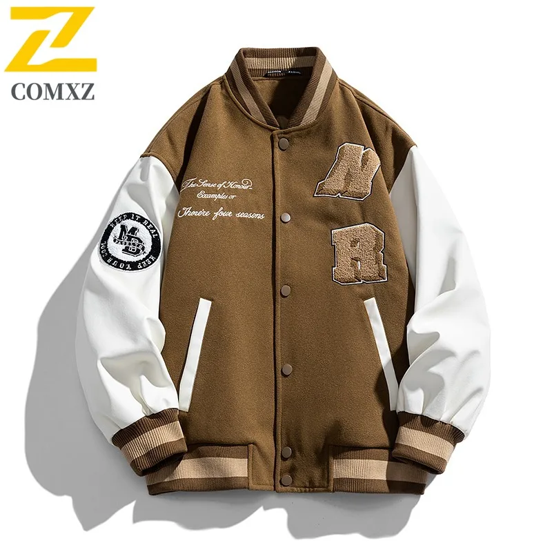 COMXZ Mens Baseball Jacket High Fashion Stand Up Collar Printed Embroidery Design Jacket Streetwear Style Spring Autumn Jacket