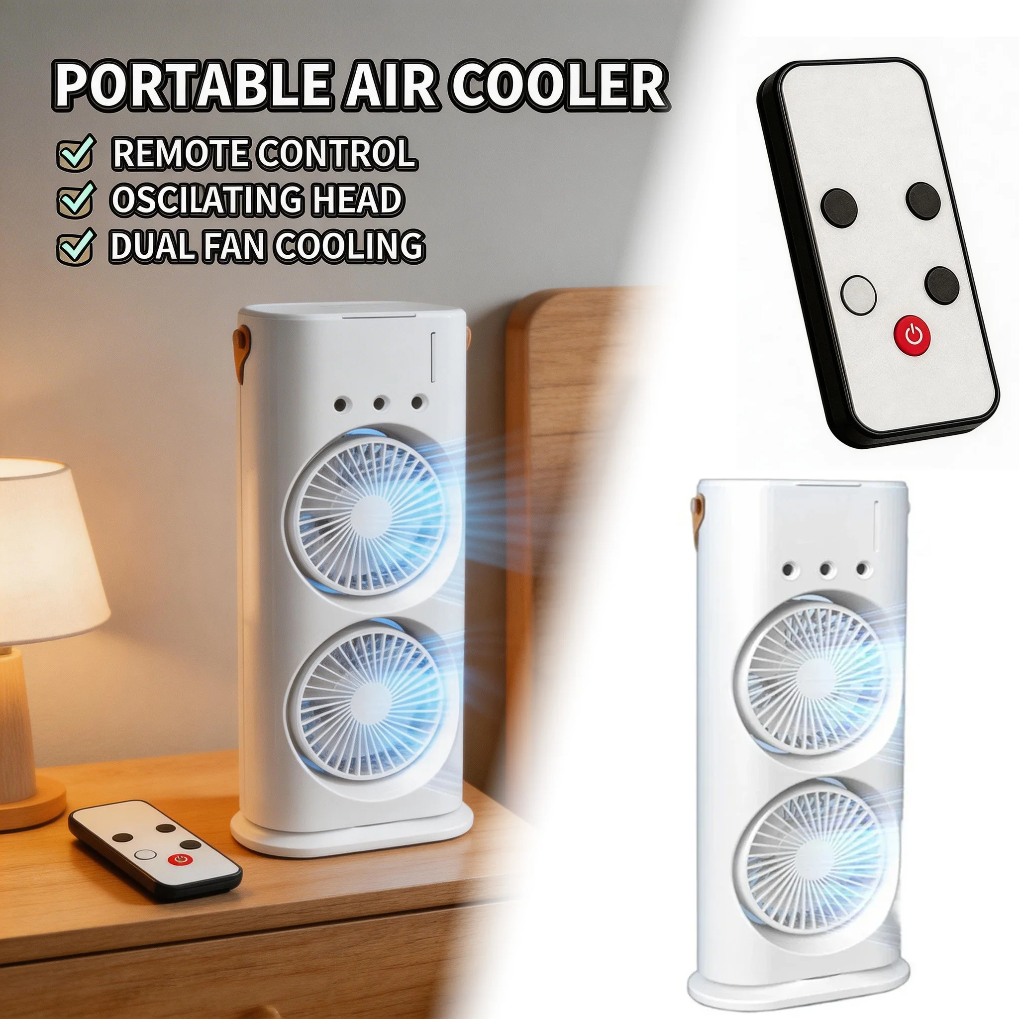 

Портативный настольный вентилятор с двумя головками, распылителем и функцией охлаждения воздуха, 3 скорости, 7 цветов подсветки, поворотный, кондиционер с управлением одной кнопкой