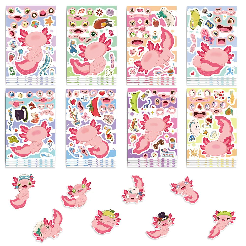 8/16 fogli simpatico cartone animato Axolotl puzzle adesivi divertente fare un viso adesivo bambini fai da te assemblare puzzle decalcomanie giocattoli per il regalo del capretto