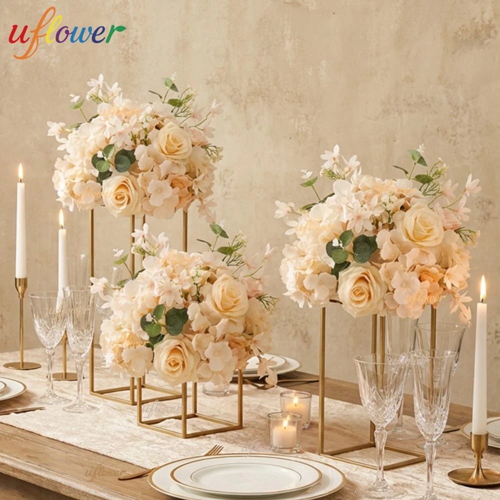 Uflower Weiße Seiden-Kunstblumen Hortensien-Rosen-Blumenkugel Tischdekoration für Hochzeit Party Event Dekoration Blumenarrangement