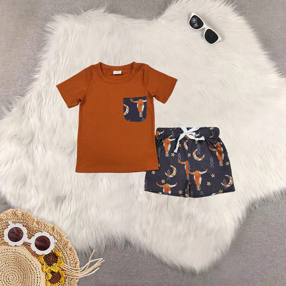

8.14 Wholesale hot sale Western Boutique children clothing Baby Boys Brown Shirt Top Cow Stars Western Shorts Clothes Sets