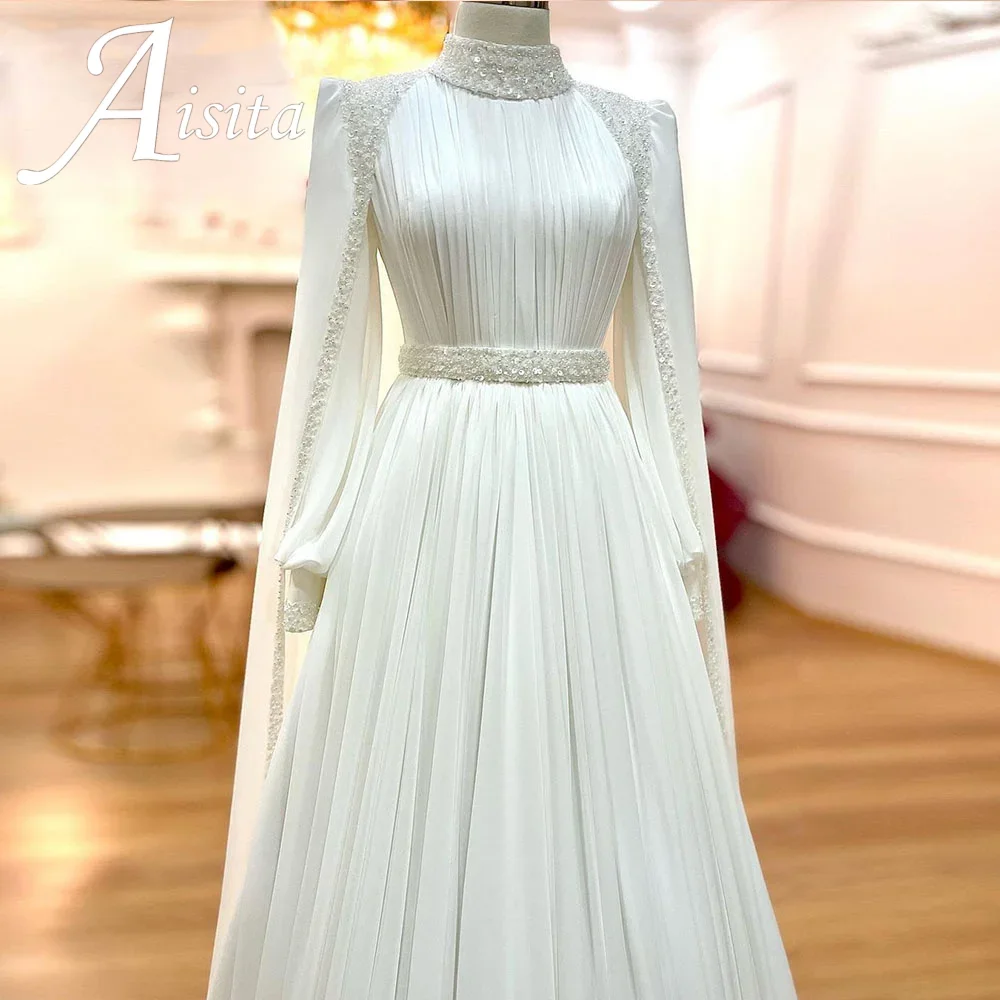 فستان زفاف شيفون برقبة عالية على شكل حرف a مزين بالدانتيل وأكمام طويلة فستان زفاف ذيل طويل مخصص 2025 فستان العروس #3