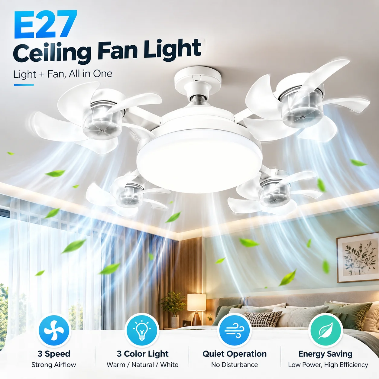 60W E27 Fan Light 2-in-1 Drone Design Ceiling Fan with Remote Control for Home And Restaurant AC85-265V Compatible