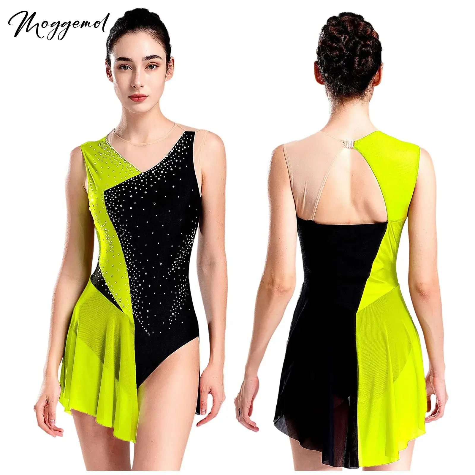 Womens Figure Skating Leotard Dress Shiny Rhinestones Color Block Mesh Patchwork for Ballet Lyrical Dance Gymnastics Dancewear