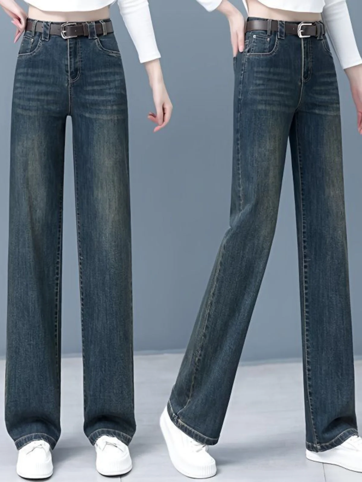 

Faion High Waist Slim Straight Leg Jeans Women's Narrow Version Retro Wide Leg Pants Spring Autumn New Arrival Denim Trousers