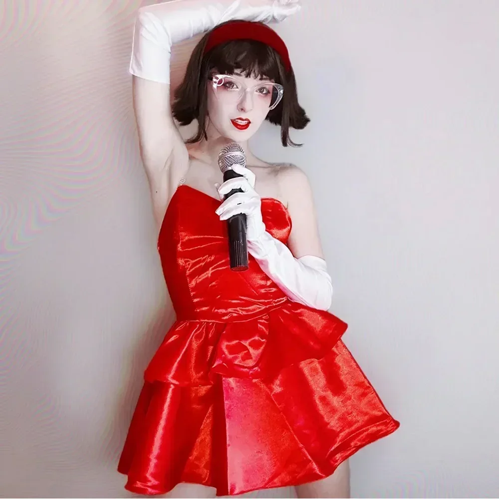 2025 Perfect Blue Mima Cosplay Costume Red Strapless Tube Dress with Headband with Thigh-High Stockings and Gloves