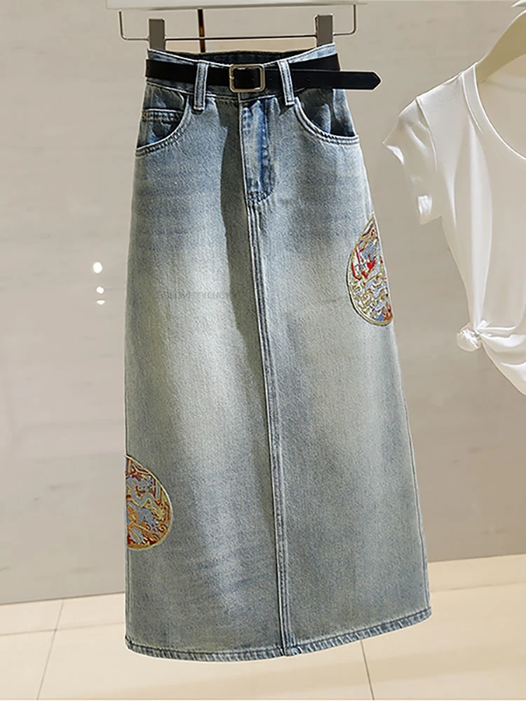 

Back Zipper Mid-long Denim Skirt Chinese spring/summer New Vintage Embroidery High-waist Slim A-line Butt-hugging Lady Skirt