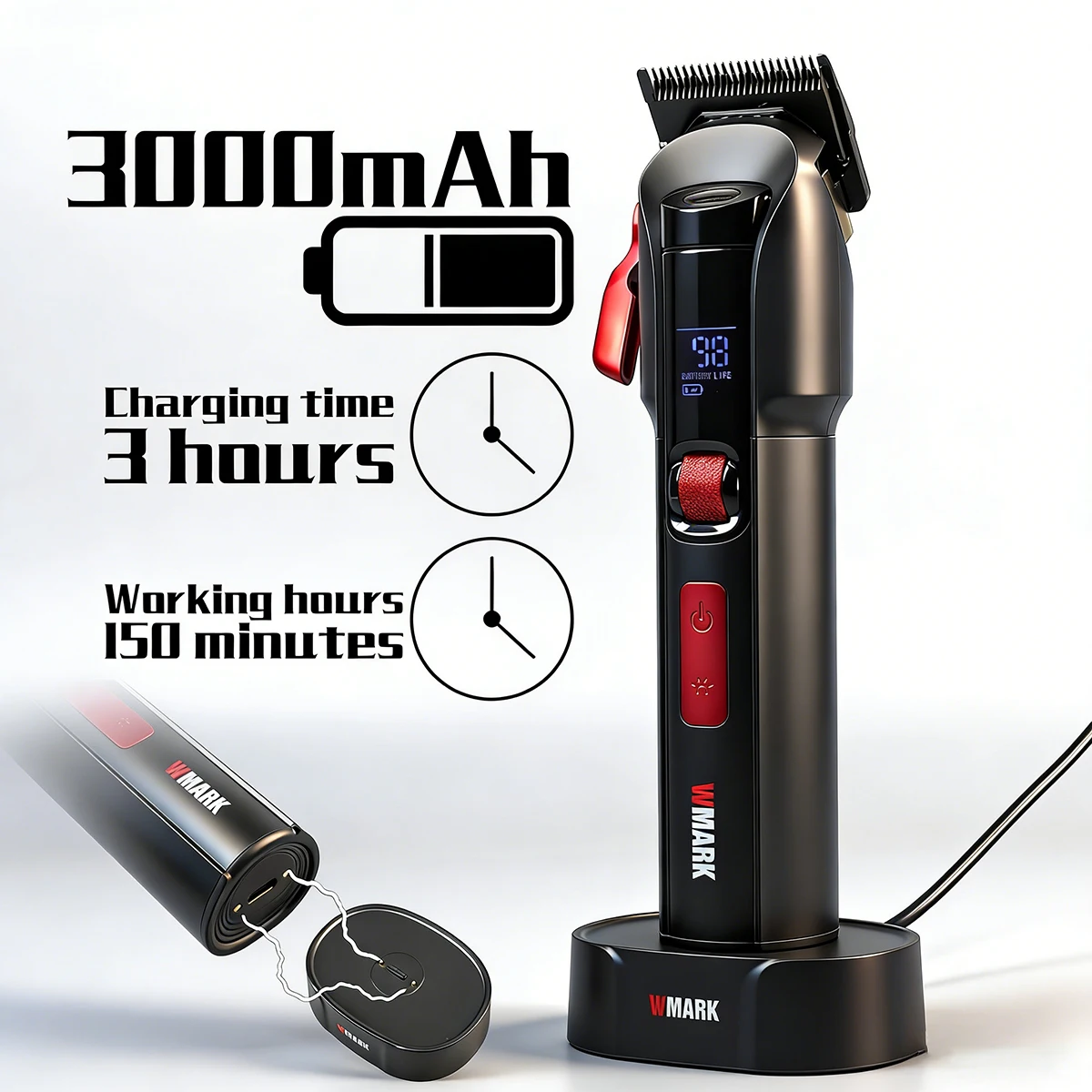 Large NEW Professional Hair Clipper Stepless Speed Control 7500-9000RPM LED Light Ceramic Moving Blade 3000mAh Charging dock